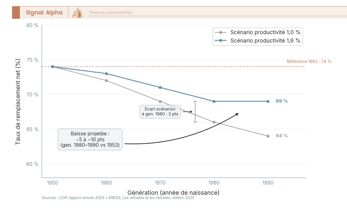 Graphique en courbes du taux de remplacement net moyen par génération 1950-1990, deux scénarios COR (productivité 1,0 % et 1,6 %).