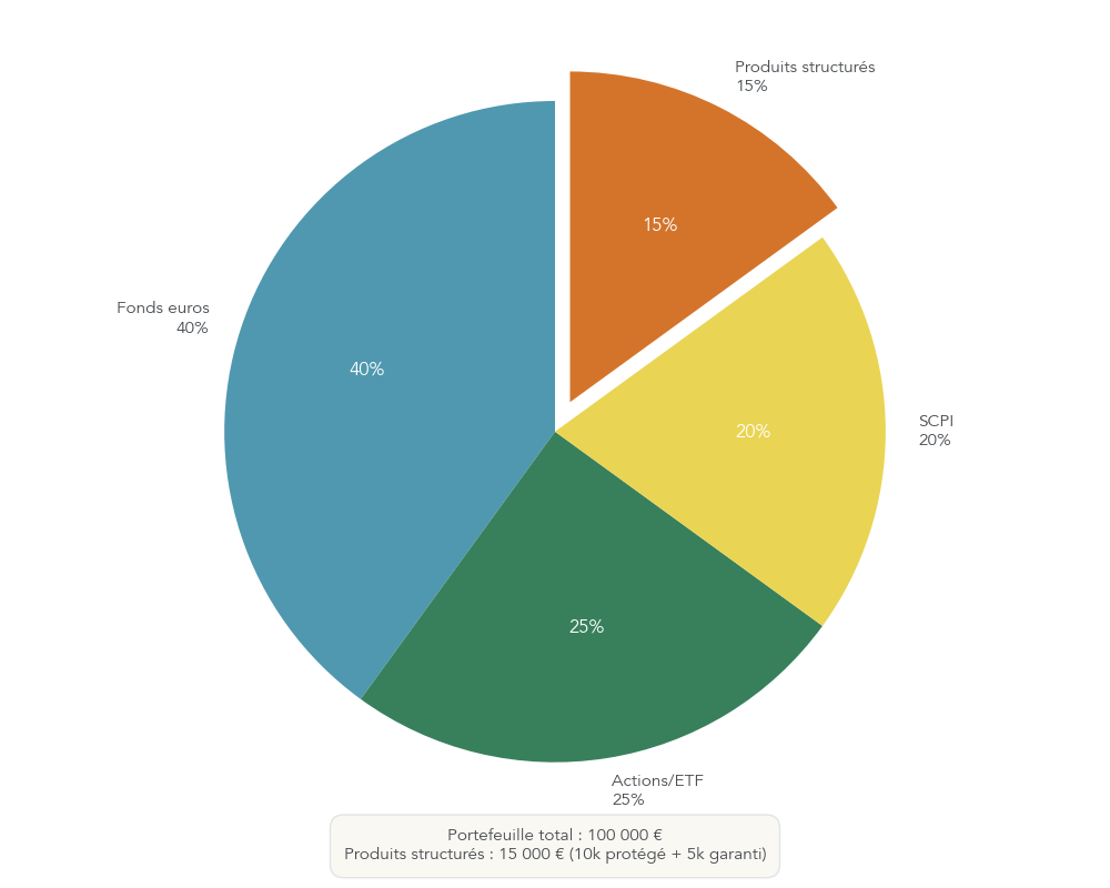 Diagramme en camembert montrant une allocation de 100 000 € avec 40 % fonds euros/livrets, 25 % actions/ETF, 20 % SCPI/immobilier et 15 % produits structurés, dont 10 000 € capital protégé et 5 000 € capital garanti.