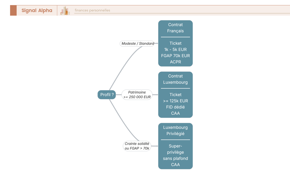 Arbre de décision orientant vers le contrat français ou luxembourgeois selon patrimoine, besoin de sur-mesure et protection des avoirs.