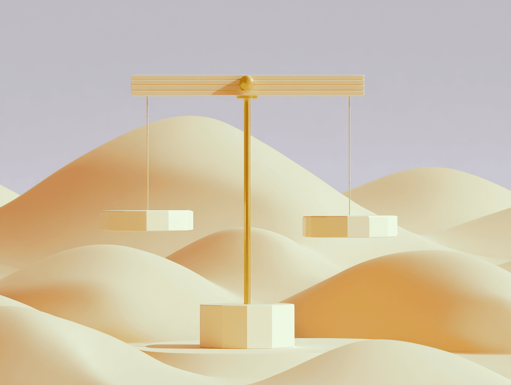Balance dorée suspendue au-dessus de dunes sableuses avec cubes géométriques en 3D minimaliste sur fond gris clair