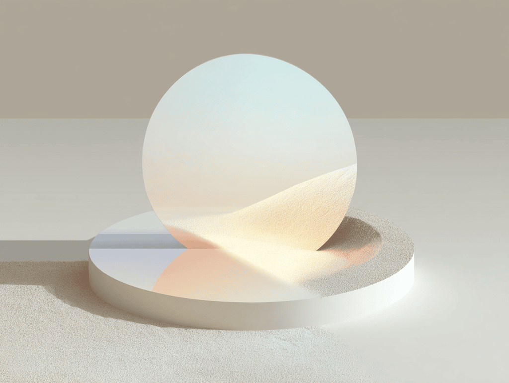 Disque translucide irisé aux reflets bleutés et pêche, dressé verticalement sur un socle cylindrique blanc, posé sur un fond sable mat aux ombres douces.