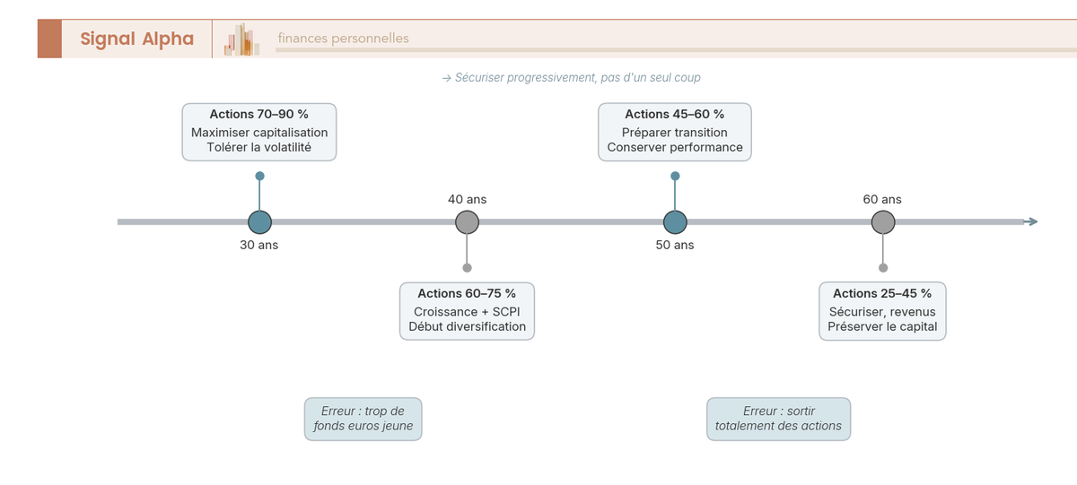 Frise chronologique annotée de 30 à 60 ans montrant l'évolution recommandée de la part actions : 70-90 %, 60-75 %, 45-60 %, 25-45 %.
