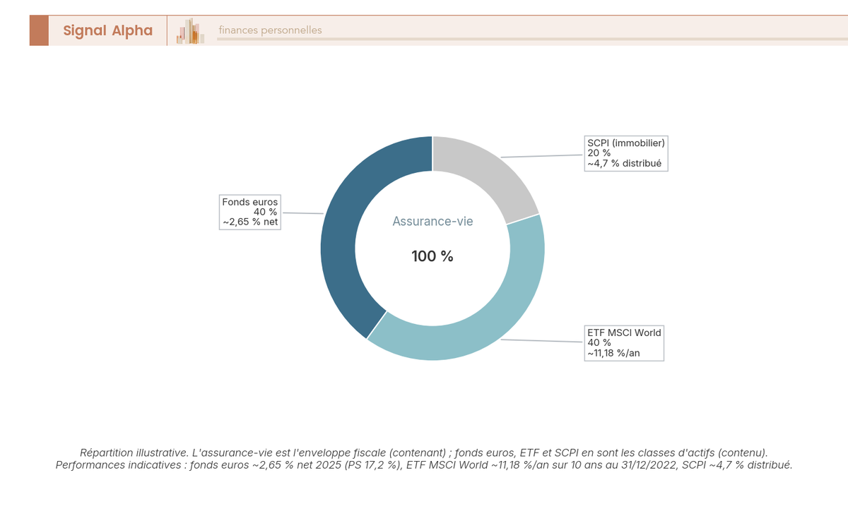 Diagramme en anneau montrant l'allocation d'un portefeuille en assurance-vie : fonds euros, ETF MSCI World et SCPI comme classes d'actifs.