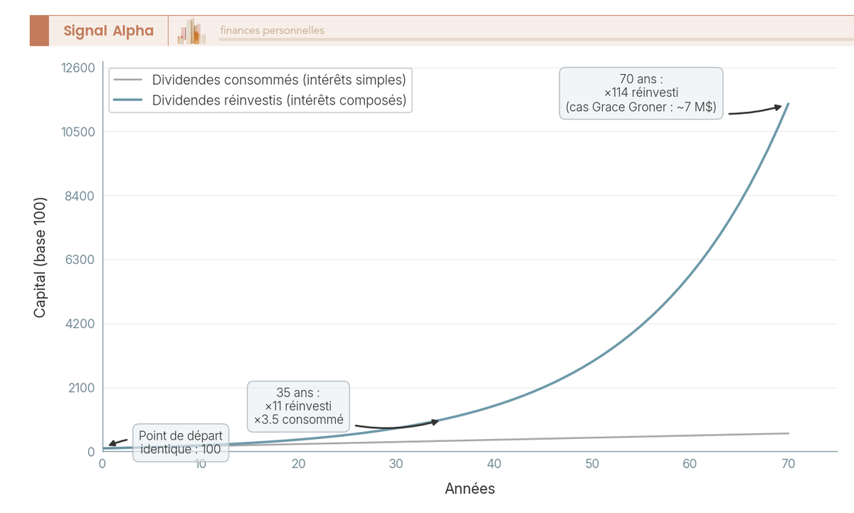 Graphique en courbes comparant dividendes réinvestis (exponentiel) et consommés (linéaire) sur 70 ans, illustrant l'effet des intérêts composés.