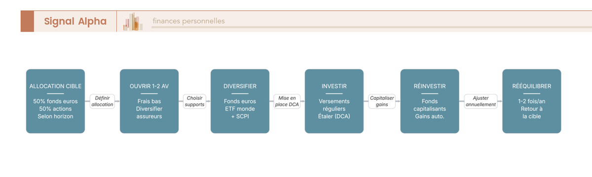 Diagramme de flux en 6 étapes pour mettre en place une stratégie d'épargne : allocation cible, ouverture AV, diversification, DCA, réinvestissement, rééquilibrage.