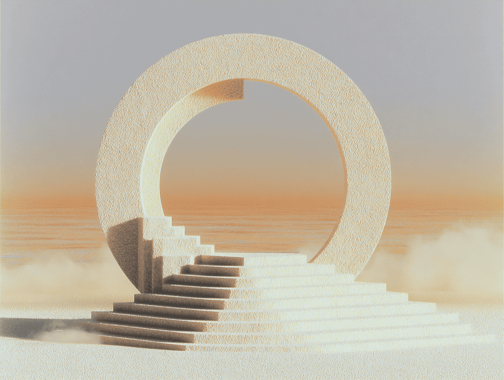 Grand anneau circulaire en pierre beige dressé au sommet d’un escalier à degrés, sur un horizon brumeux aux tons sable et orangé. Rendu 3D minimaliste et monochrome.