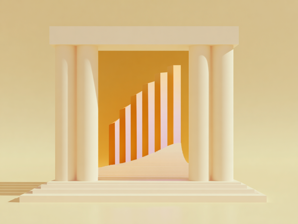 Illustration 3D d’un portail monumental à colonnes crème, ouvrant sur un paysage orange avec des formes verticales en dégradé et une dune ondulée au premier plan.