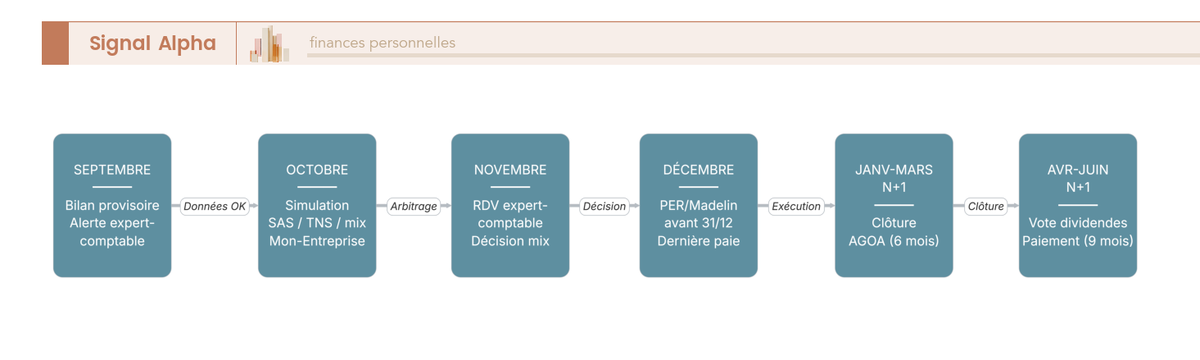 Diagramme de flux du calendrier annuel d'arbitrage rémunération du dirigeant : septembre à juin N+1 avec PER, AGOA et dividendes.