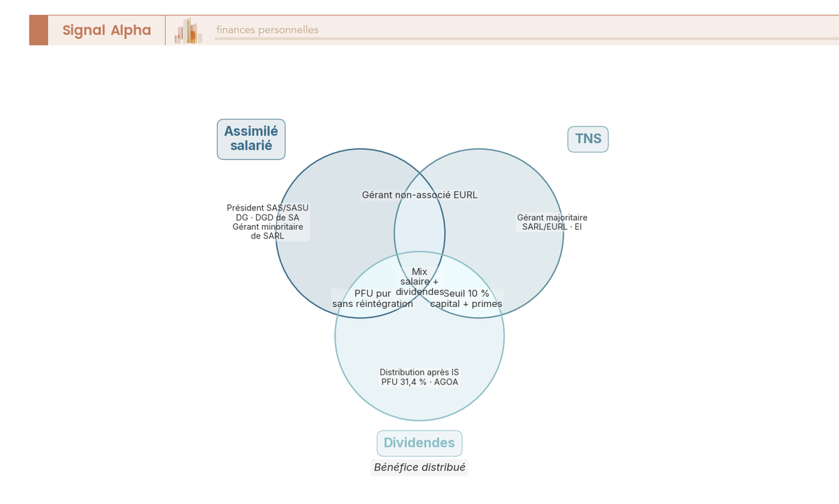 Diagramme de Venn à trois cercles assimilé salarié, TNS et dividendes, avec configurations mixtes du dirigeant aux intersections.