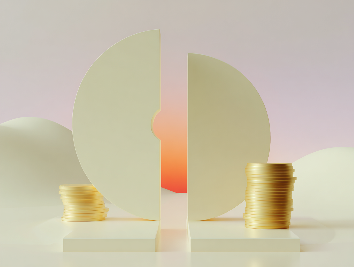 Grand disque circulaire avec fente à l'avant, tour décalée de disques plats au centre, socle rectangulaire bas à l'arrière-plan, surfaces mates et sobres.