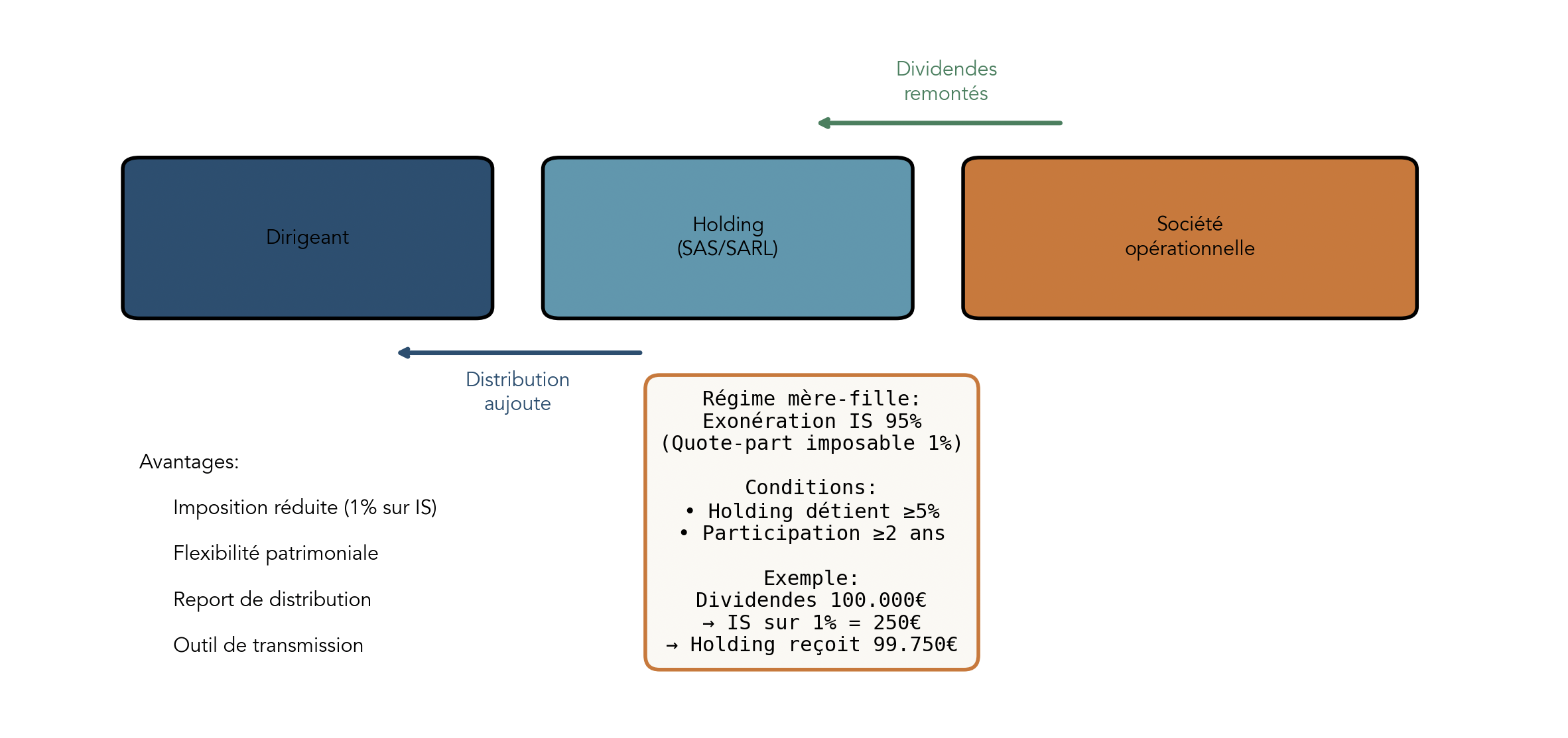 Schéma montrant les flux de dividendes entre société opérationnelle, holding et dirigeant, avec l’application du régime mère-fille et la possibilité de réinvestir.