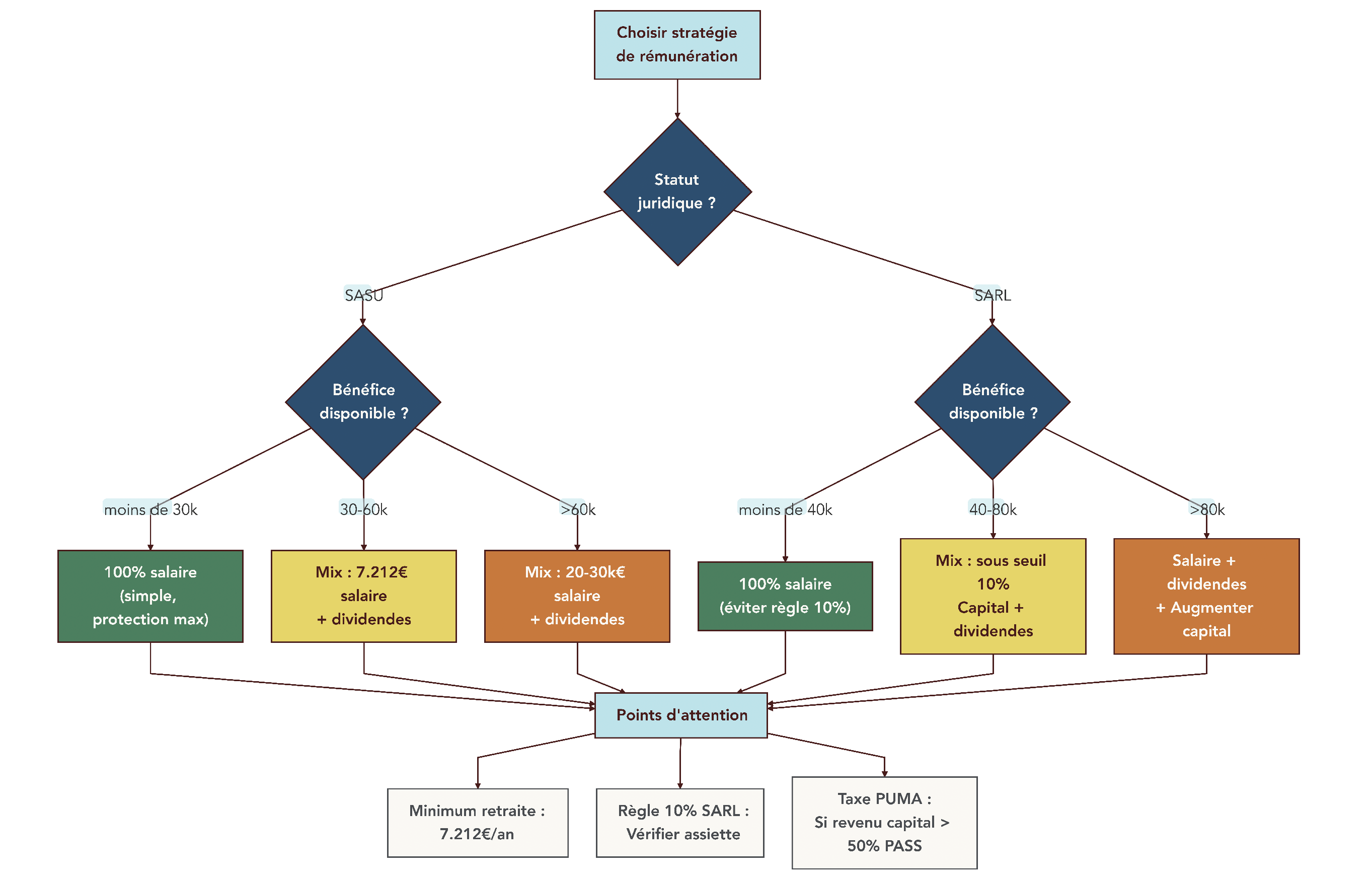 Arbre de décision montrant comment choisir entre 100 % salaire et mix salaire + dividendes selon le statut (SASU ou SARL) et le niveau de bénéfice.