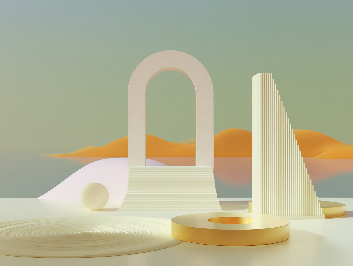 #1 alt_description
Sphère lisse sur dalle, spirale de plaques empilées, pilier élancé à l'arrière, surfaces mates beiges et ombres douces

#2 alt_description
Ruban courbe en relief soutenu par piliers, nœuds cubiques alignés, socle bas, grande surface beige mate et ombre allongée

#3 alt_description
Caisse rectangulaire minimaliste au premier plan, trois boîtes cubiques empilées au milieu, surfaces beiges mates et ombres fines

#4 alt_description
Bloc terminal minimaliste au premier plan, bande ondulée suspendue au milieu, petites plaques verticales, surfaces beiges mates et ombres allongées