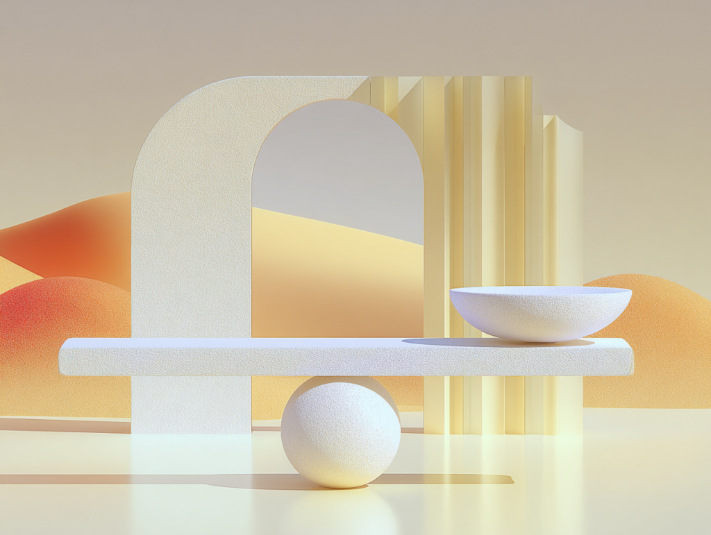 Balance à fléau incliné sur socle octogonal, deux plateaux circulaires à hauteurs asymétriques, quatre blocs en progression derrière, colonnade et arc en fond brumeux