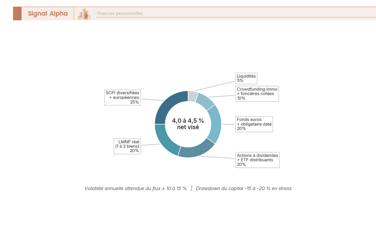 Diagramme en anneau présentant l'allocation équilibrée à 4,0 à 4,5 % net cible : SCPI 25 %, LMNP 20 %, actions 20 %, fonds euros 20 %, crowdfunding et SIIC 10 %, liquidités 5 %.