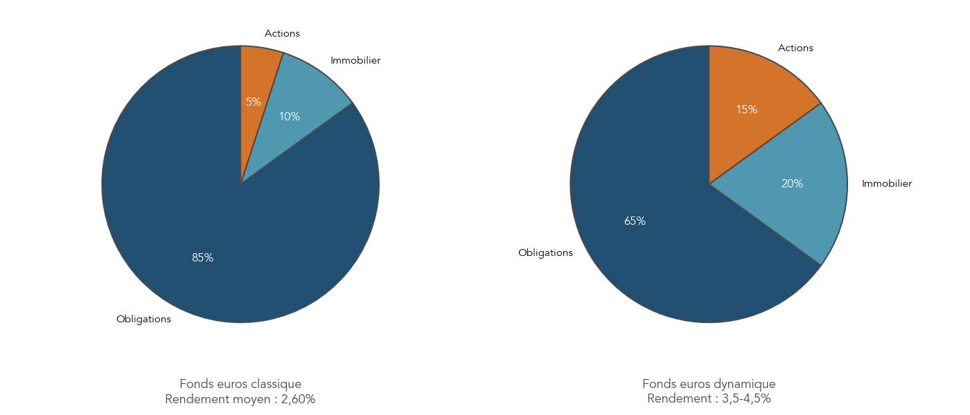 Deux camemberts comparatifs montrant la répartition type des actifs d'un fonds euros classique et d'un fonds euros dynamique en assurance-vie. Aide le lecteur à comprendre pourquoi certains fonds euros offrent un meilleur rendement réel et quel compromis risque/garantie ils impliquent.
