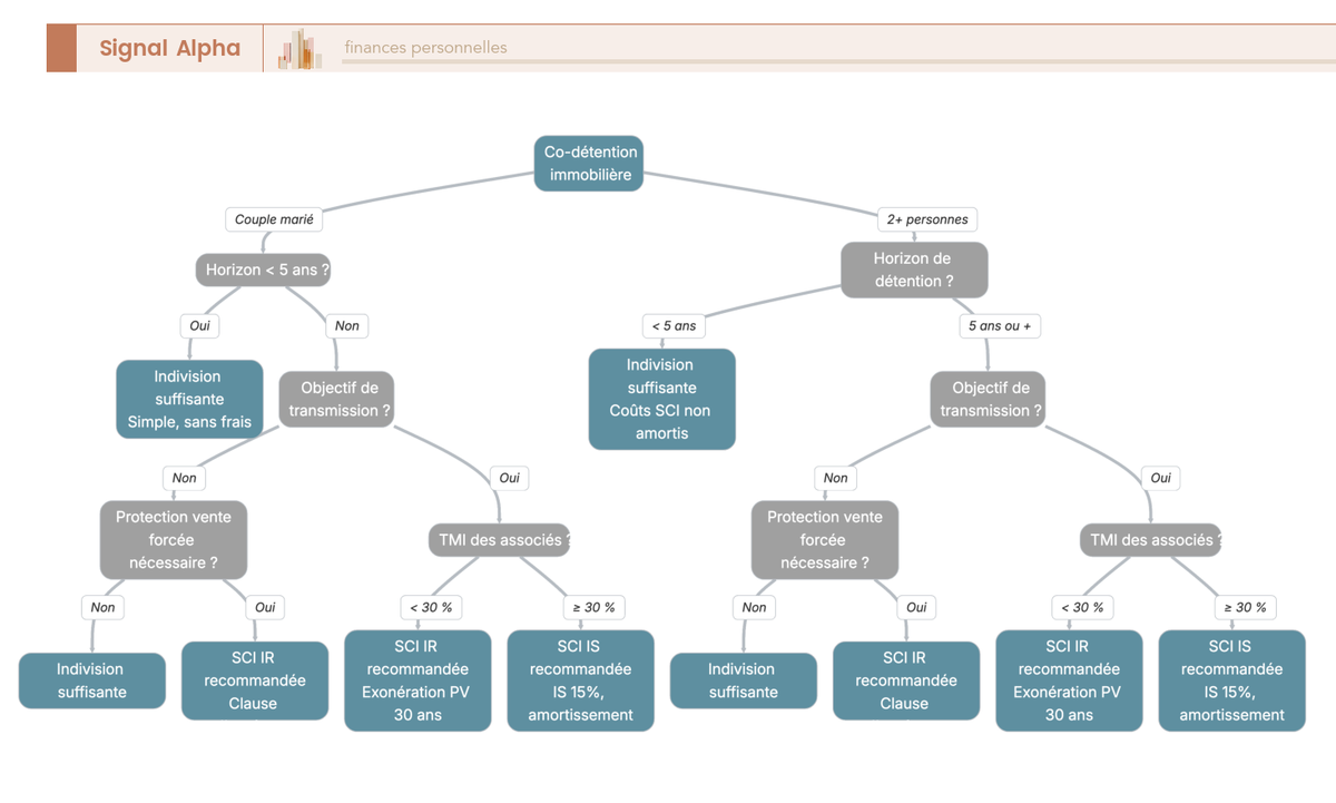 Arbre de décision SCI vs indivision : 5 critères (co-propriétaires, horizon, transmission, protection, TMI) menant à 3 recommandations.