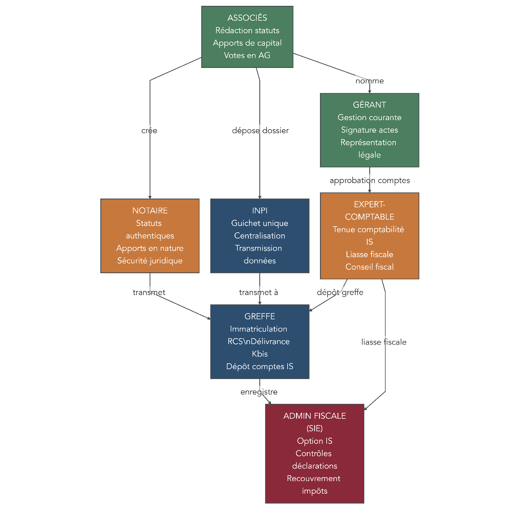 Schéma des interactions entre associés, gérant, notaire, INPI, greffe, expert-comptable et administration fiscale lors de la création et de la gestion d’une SCI.