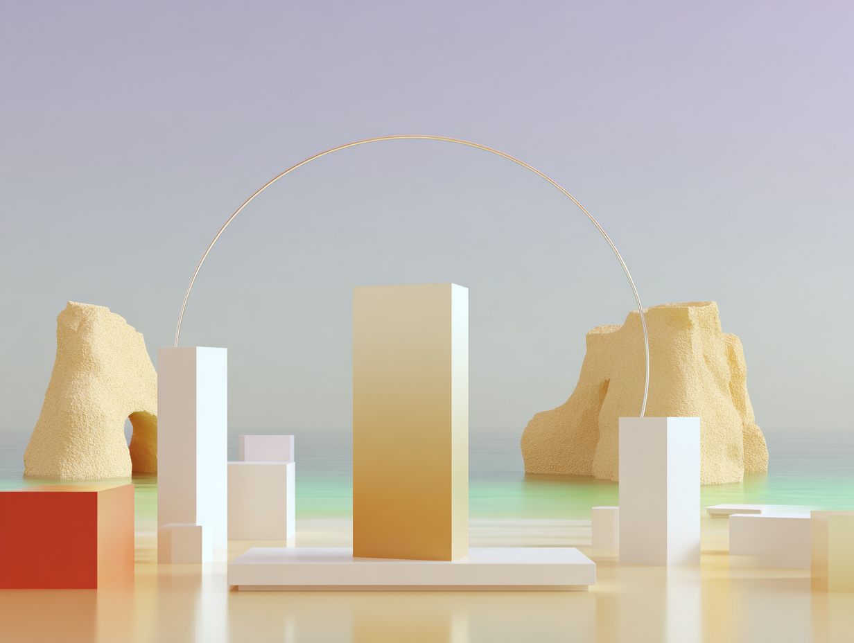 #1 alt_description
Rampe rectangulaire lisse au premier plan, rangée régulière de cubes au milieu, amas pointu irrégulier en arrière-plan, grand espace vide, surfaces mates beiges.

#2 alt_description
Façade stylisée à colonnes au centre, plateforme basse au premier plan, tympanon plat, surfaces mates beiges, ombres longues, arrière-plan vide.

#3 alt_description
Diagramme à barres 3D central, barre unique haute au premier plan, groupes de barres irrégulières au milieu, ligne de suivi fine, plan quadrillé en arrière-plan.

#4 alt_description
Temple grec minimaliste au centre avec colonnade, fragments cylindriques au premier plan, surfaces mates beiges, ombres longues, arrière-plan dégagé.