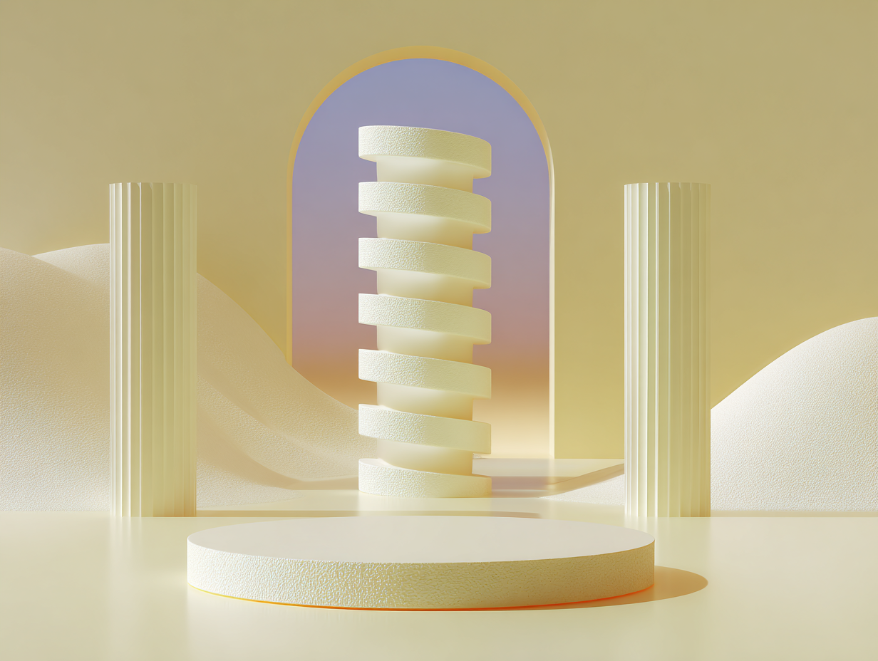 #1 alt_description
Trois volumes géométriques alignés: cube bas au premier plan, arche arrondie et prisme moyen au centre, prisme élancé à l'arrière; surfaces mates beiges, éclairage doux.
#2 alt_description
Grande clé 3D posée sur un socle bas, petite clé partielle en arrière-plan, surfaces mates beige, microtexture, éclairage doux, grand espace vide.
#3 alt_description
Obélisque central texturé en relief (lignes évoquant un graphique), socle bas, plaques rectangulaires au premier plan, surfaces mates beige, éclairage doux.
#4 alt_description
Colonne ionique segmentée verticale, anneaux empilés de hauteurs variées sur socle bas, surfaces mates beige, microtexture, éclairage doux.