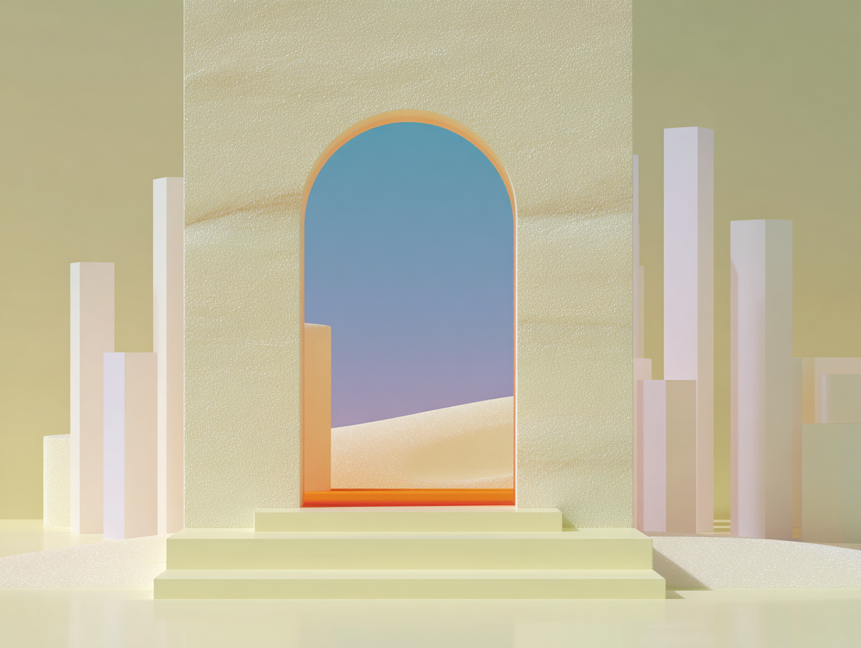 Plates-formes et prismes géométriques beiges empilés et inclinés, surfaces mates, microtexture subtile, grand espace vide.