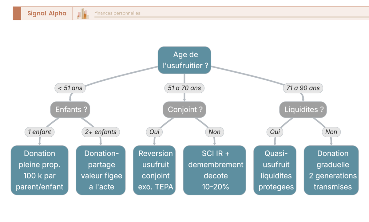 Arbre de décision pour la transmission du patrimoine immobilier 2026 : entrée par âge de l'usufruitier, valeur du patrimoine immobilier, nombre d'enfants, présence d'un conjoint à protéger, besoin de revenus immédiats. Issues vers donation simple, donation-partage, SCI familiale plus démembrement, donation graduelle, démembrement avec réserve d'usufruit, démembrement avec quasi-usufruit, réversion d'usufruit au conjoint.