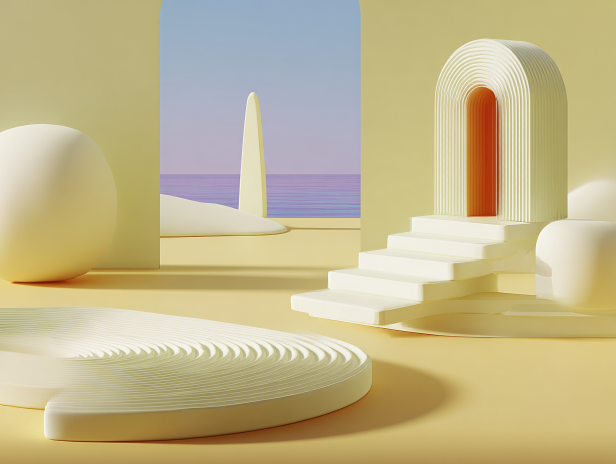 #1 alt_description
Formes géométriques 3D beiges: anneaux empilés au premier plan, prisme incliné au centre, tige verticale, plan rectangulaire en arrière-plan, surfaces mates.

#2 alt_description
Terminal informatique rétro 3D minimaliste, écran vide, cartes rectangulaires flottantes en relief, disques empilés en arrière-plan, surfaces mates beiges.

#3 alt_description
Sculpture 3D d'un graphique en barres minimaliste, barres verticales de hauteurs variées sur plateforme, ligne horizontale de repère, grille en arrière-plan.

#4 alt_description
Maquette 3D d'une façade de bourse minimaliste avec colonnes stylisées sur socle, fragments de colonne au premier plan, plan quadrillé en arrière-plan.