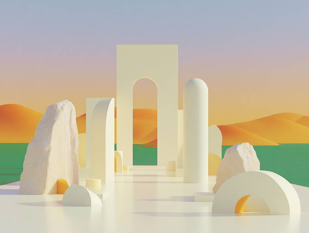 #1 alt_description
Plaque oblique au premier plan, quarts de cylindre et prismes empilés au milieu, monolithe lointain, surfaces lisses mates et ombres longues.

#2 alt_description
Groupes de barres verticales mates en rangées, base plane texturée, ombres douces, espace négatif autour des barres.

#3 alt_description
Blocs pyramidaux empilés en deux plans, petit bloc aplati au premier plan, pyramide dominante en arrière-plan, surfaces mates et ombres longues.

#4 alt_description
Plaque façadée avec trois niches rectangulaires, plateforme avant avec colonne, plan lointain, surfaces mates et ombres longues.