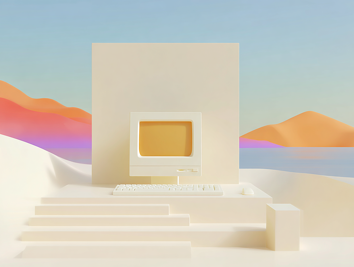 #1 alt_description
Prisma geneigt im Vordergrund, gestaffelte Quader mittig, lange Arkade im Hintergrund, matte Oberflächen, weiche Schatten.

#2 alt_description
Gestufte, flache Pyramide im Vordergrund, horizontale Basisplatte in der Mitte, hohe Wand mit rechteckigem Portal im Hintergrund.

#3 alt_description
Retro-Terminalgehäuse im Vordergrund, Raster aus erhobenen Platten mittig (Optionen-Spalten), glatter Monolith im Hintergrund.

#4 alt_description
Quadratischer Kalendarium-Block im Vordergrund, erhobene runde Uhrenscheibe mittig, gebogene Wand mit schmalen Fenstern im Hintergrund.