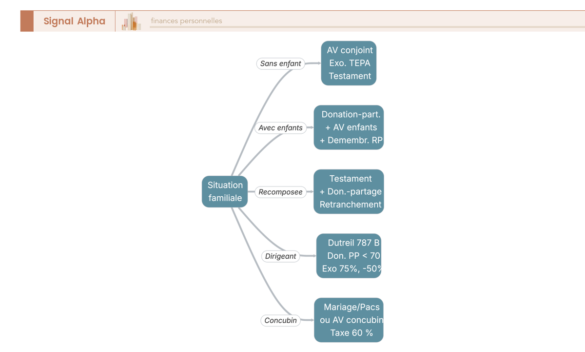 Arbre de décision des outils de transmission patrimoine selon le profil : couple marié, famille recomposée, dirigeant d'entreprise, concubin, avec recommandations par configuration.