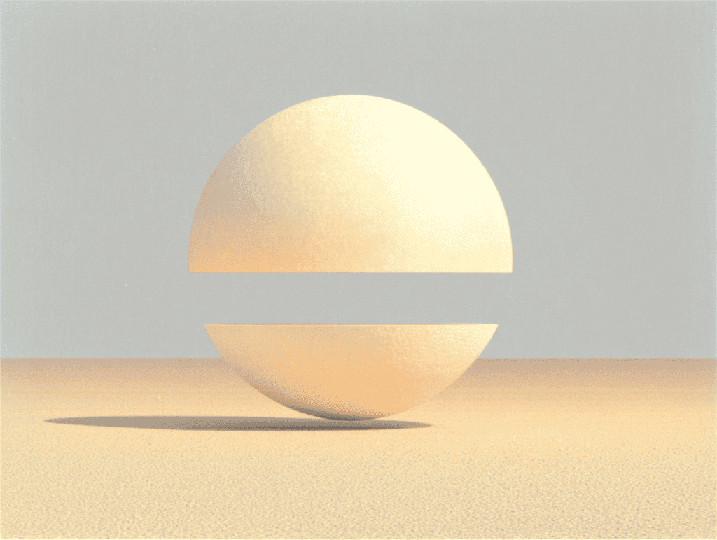 Sphère beige clair coupée par une fente horizontale, posée sur une surface sablée devant un fond gris-beige dégradé et lisse, avec une lumière douce et une ombre portée discrète.