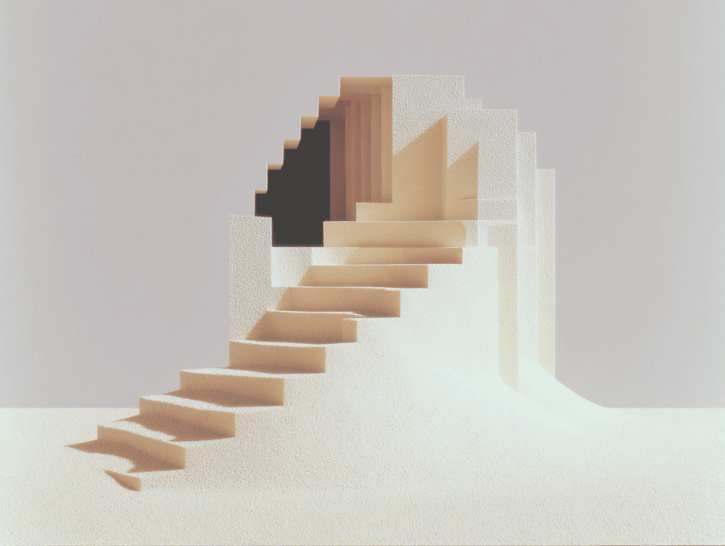 Composition tridimensionnelle minimaliste beige et sable : un escalier de blocs s'élève depuis la gauche, s'incurve et forme un arc partiel sur fond ivoire dégradé.