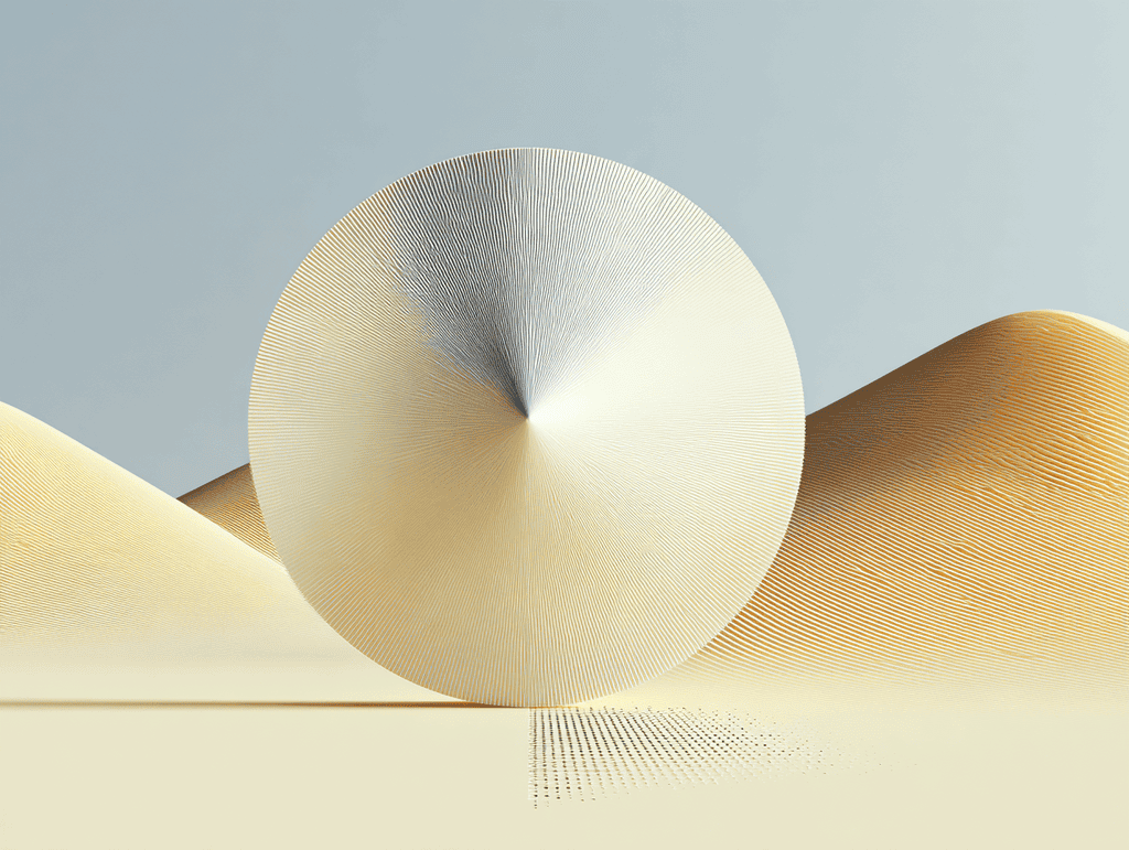 Grande sphère beige clair au centre creusé, posée sur un sol plat devant deux dunes de sable, sous un ciel bleu-gris ; un fin semis de grains se disperse sous la sphère.
