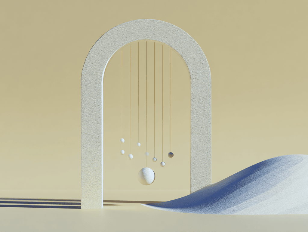 Arche blanche épurée sur fond beige, traversée de fils verticaux terminés par de petites sphères blanches ; au premier plan, une dune incurvée bleu pâle s'étire vers la droite.