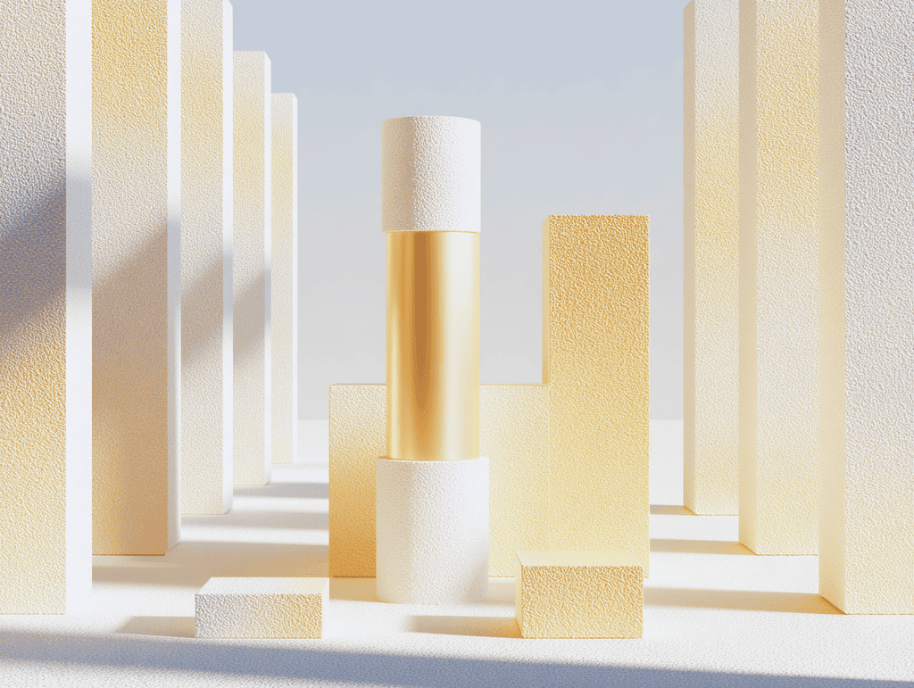 Composition 3D minimaliste aux tons sable et or : colonnes verticales de hauteurs variées et cylindre central blanc et doré posés sur une surface claire, avec ombres portées allongées.