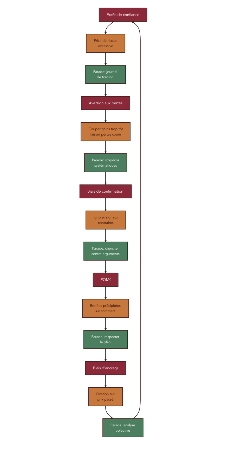 Schéma en roue montrant les principaux biais psychologiques du trader particulier, leurs conséquences typiques et les parades comme le journal de trading ou les stop-loss.