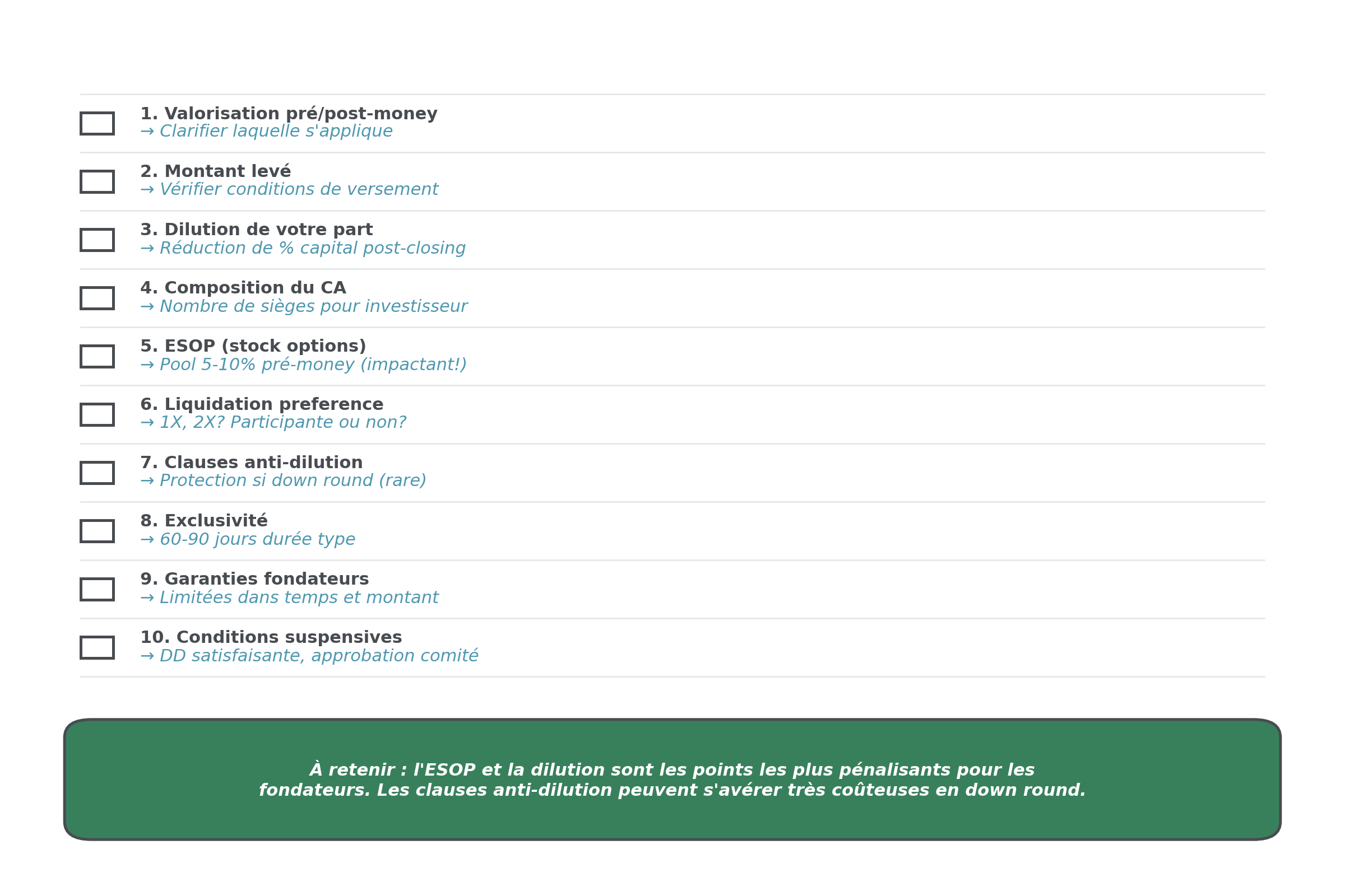Infographie présentant une checklist de 10 clauses essentielles d’une term sheet, comme la valorisation pré/post-money, la dilution, l’ESOP, la liquidation preference, l’anti-dilution, l’exclusivité et les conditions suspensives.