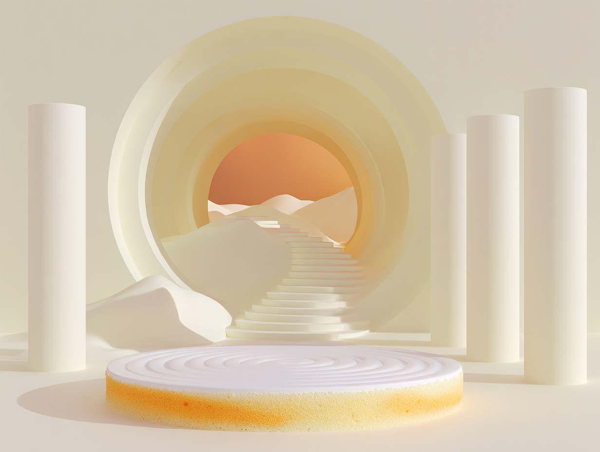 Entonnoir de bagues concentriques décroissantes flottant au‑dessus d'une base plate, formes géométriques lisses, microtexture subtile, éclairage doux.